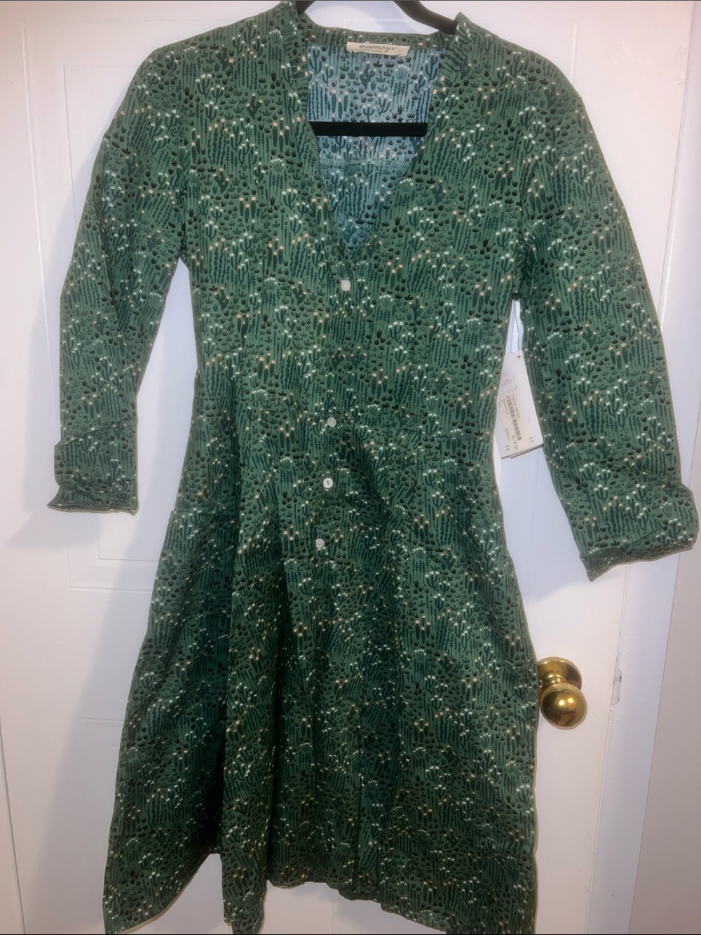 Meemosa Women’s Green Printed Button-Front V-Neck Long Sleeve Dress